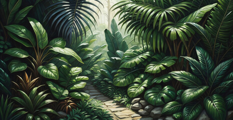 Naklejka na ściany i meble The jungle nature background is cosmetic against the Green tropical forest with exotic plants trees big leaves generative ai