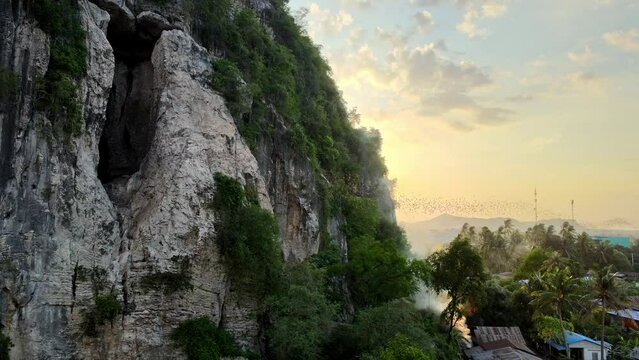 Drone shots of bats leaving their cave at sunset (Bat Exodus) in Battambang, Cambodia