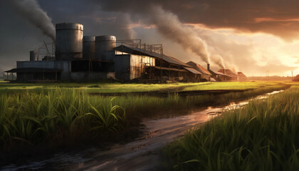 Fototapeta na wymiar Tenebrist recreation of a old sugarcane factory expelling columns smoke. Illustration AI