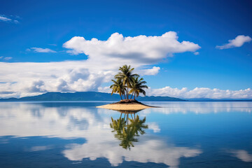 small island with palm trees and reflections on water. generative ai - obrazy, fototapety, plakaty