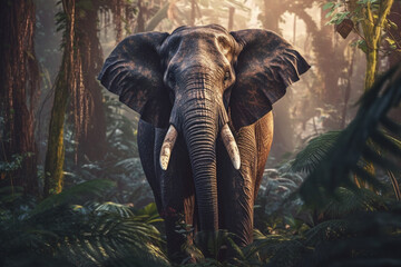 Elephant walking in the jungle in golden hour