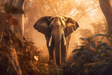 Elephant walking in the jungle in golden hour