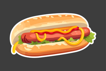 Vector illustration cartoon flat style delicious appetizing hotdog hot dog sandwich with sausage mustard greens isolated on white sticker design bun with sausage fast food snack