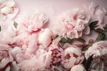 Pink peonies and petals on a light background with copy space.