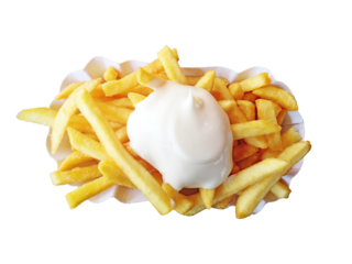 French fries with mayonnaise in a cardboard bowl isolated png file high angle view
