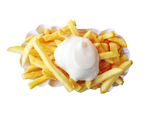 French fries with mayonnaise in a cardboard bowl isolated png file high angle view