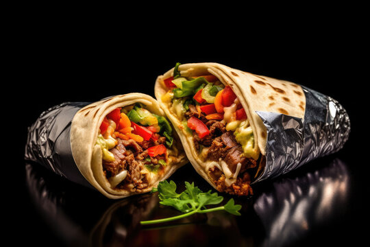 traditional mexican meat burrito wraps with vegetables on black background