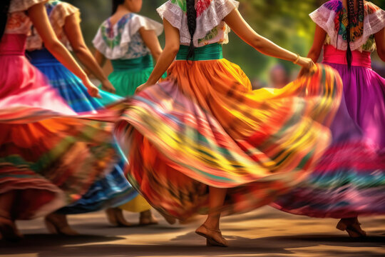 women dancing traditional mexican dances in colorful skirts. Traditional mexican party