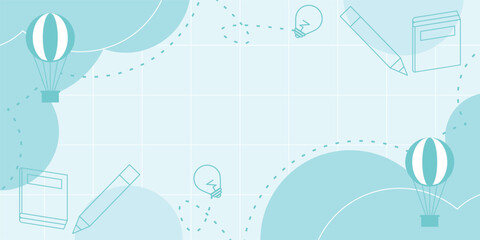 back to school background, note paper with book, pencil, hot air balloon and idea icons. vector cartoon kids	