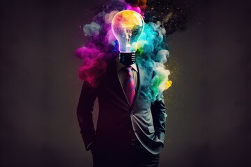 Businessman with colorful smoke and light bulb head concept on dark background