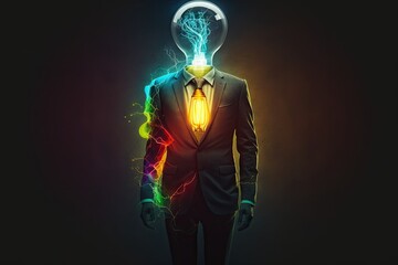 Businessman with electric light bulb instead of head concept on dark background