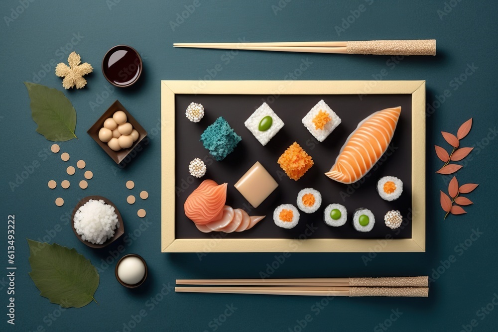 Aufkleber sushi spread in a flat lay format, with room for text generative ai