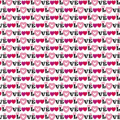Love text seamless pattern with pink hearts, double contour hearts. Vector illustration