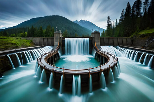 water flowing through a hydroelectric turbine, capturing the dynamic nature of harnessing water resources for renewable energy
