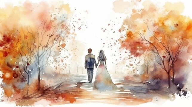 Watercolor illustration of wedding. Generative AI