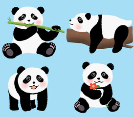 Obraz premium Cute panda illustration in various movements