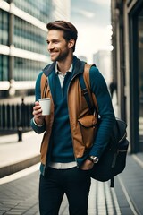 Young attractive man with backpack holding coffee cup. Generative AI