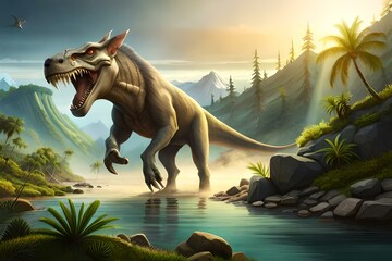 giant, prehistoric beast, dinosaur 3d attacks human, in tropical forest, jurassic landscape 01 . Generative AI