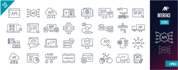 Best collection API Developement line icons. Security, backup, data, server