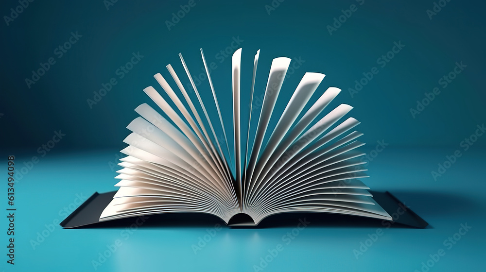 Poster an open book with colorful paper flying out of it. generative ai