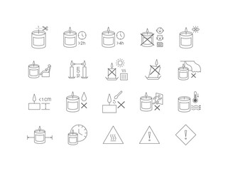 Candle care icons set. Customizable thin line contour symbols. Isolated vector outline illustrations for product use instructions. Editable stroke.