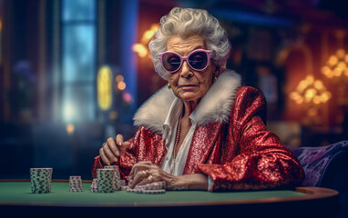 Elderly woman in mirrored sunglasses and impassible poker face is sitting at the poker table - obrazy, fototapety, plakaty