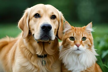Golden retriever dog with cat beside it. Concept of friendship between animals. Dog and cat. Created with generative Ai technology.