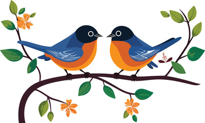 two birds sitting on the tree illustration for wall art and decoration