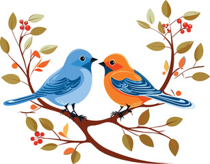 two birds sitting on the tree illustration for wall art and decoration