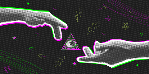 Halftone Hands And triangle eye symbol Doodle Banner