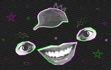 Trendy collage vector illustrations with dots texture set. Eyes and lips, cap and line doodles in a contemporary y2k pop style.
