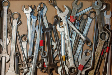 Used wrenches in workshop - drop forged and chrome vanadium wrenches.