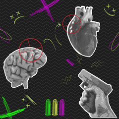 Trendy punk halftone collage poster set with retro halftone elements and naive doogle elements. Hand with gun, brain, heart, choice. Contemporary vector illustration.


