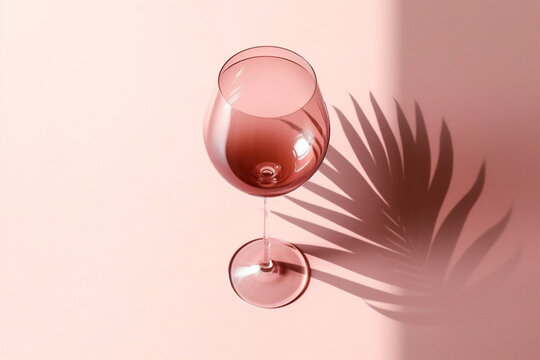 Red wine glass pink color glass on beige background with palm leaf shadow, glare at sun. Summer rest concept. Dry wine in glassware. Creative top view, pastel colors. AI Generative