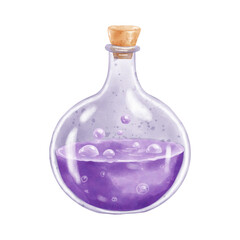 Potion purple bottles with magic cartoon glass flasks with colorful glowing liquid and corkwood plugs. Witch poison illustration watercolor 