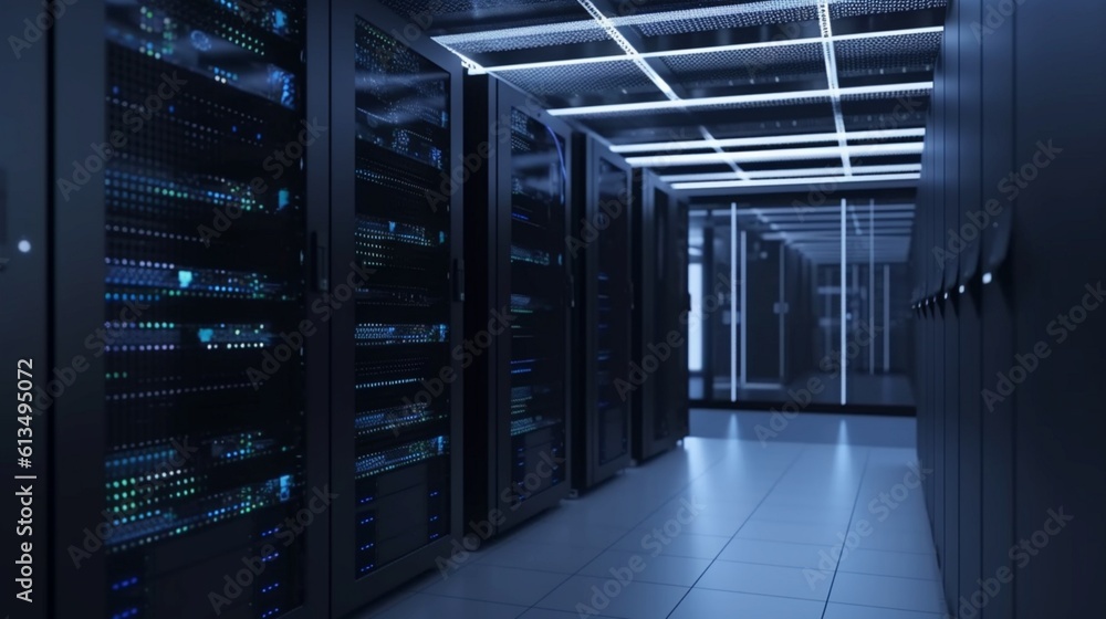 Poster working data center full of rack servers and supercomputers with high internet visualisation project