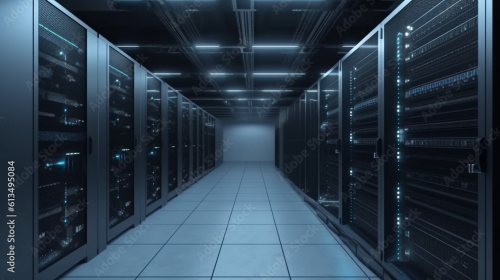 Poster working data center full of rack servers and supercomputers with high internet visualisation project