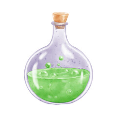 Potion green bottles with magic cartoon glass flasks with colorful glowing liquid and corkwood plugs. Witch poison illustration watercolor 