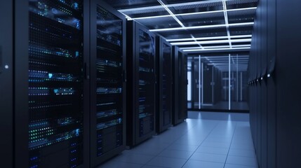Working Data Center Full of Rack Servers and Supercomputers with High Internet Visualisation Projection. Generative Ai.