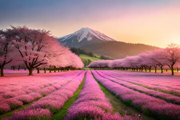 a peaceful meadow filled with blooming cherry blossom trees, creating a canopy of pink