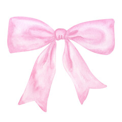 Decorative pink bow with long ribbon. Accessory little girl. Hand drawn watercolor illustration isolated on white background. For gender reveal party, baby shower, children's design