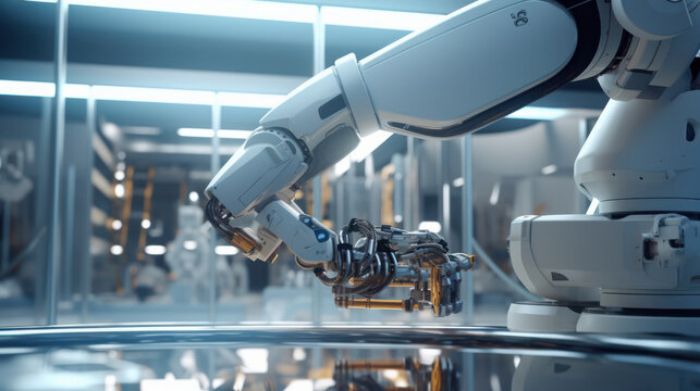 Automated Manufacturing: Robot Arm in Industrial Facility. 