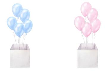 Blue pink balloons in box twins boy girl birthday surprise. Hand drawn watercolor illustration isolated on white background. For gender reveal party, baby shower, children's design, newborn products
