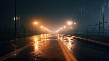 Obraz premium City Streets After Dark: Wet Asphalt Road and Construction Fences.
