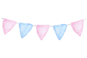 Blue pink flags for twins, boy girl, kids birthday surprise. Hand drawn watercolor illustration isolated on white background. Gender reveal party, baby shower, children's design, newborn products