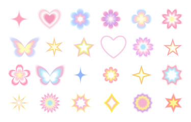 Set of abstract blur gradient shape in pastel color. Y2k neon holographic aesthetic blurry star, flower, butterfly, heart in trendy retro y2k style.