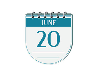 20 june round retro calendar page vector. 3d one day calendar, date appointment, business planner, event reminder illustration. Abstract three dimensional daily date calendar. 