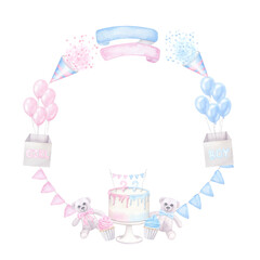 Pink blue round wreath frame gender reveal party invitation. Boy girl. Balloon, cupcake, confetti. Hand drawn watercolor illustration isolated on white background. For baby shower, children's holiday