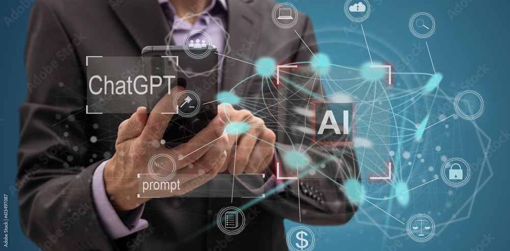 Poster technology and people concept man use ai to help work, ai learning and artificial intelligence conce