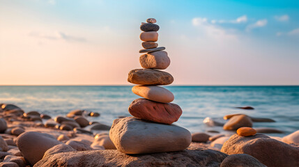 Fototapeta na wymiar Pyramid stones balance on the beach against the background of the sea and the sky